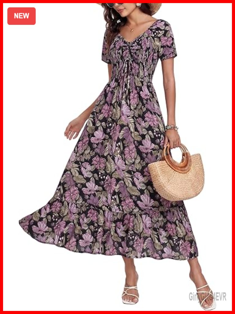 Boho Floral Smocked Maxi Dress Short Sleeve Ruffled Beach Vacation Lightweight